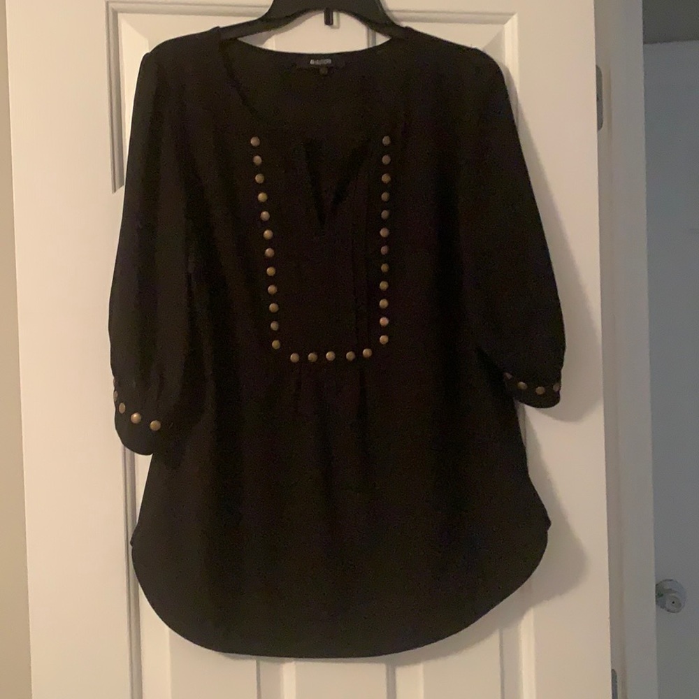 Sheer black shirt with front slit and gold studs